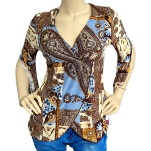 Bohemian Top Medium Split sleeve Brown Paisley Long Sleeve Blouse Baby doll top